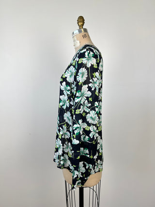 Navy sheer blouse with green and white floral print (6+8)