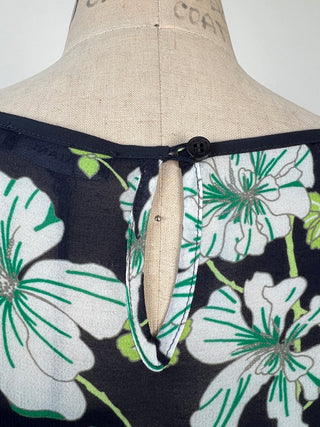 Navy sheer blouse with green and white floral print (6+8)