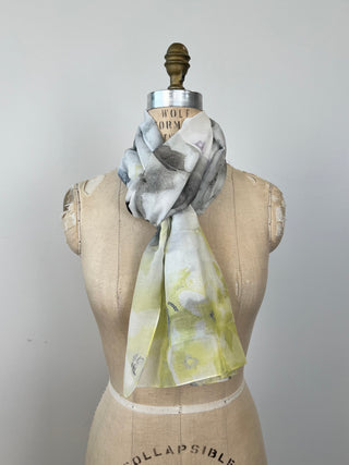 Yellow and blue cotton and silk floral scarf