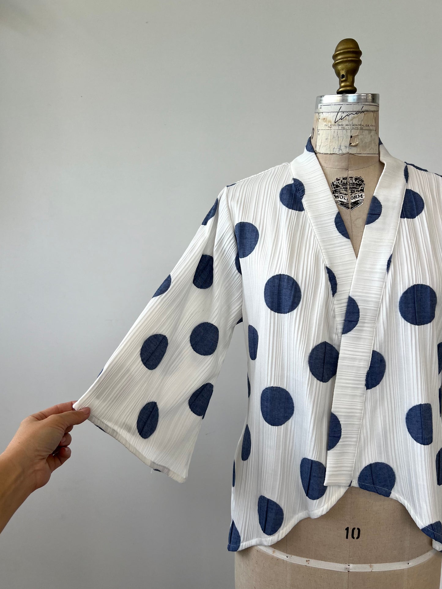 Veste façon kimono crème à pois bleus (S)