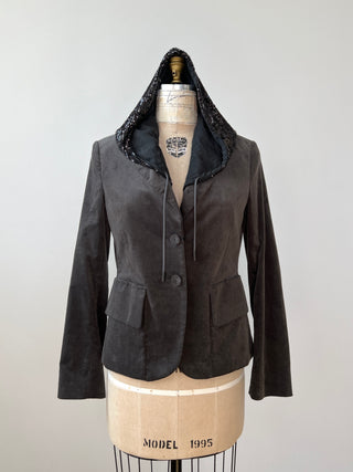 Charcoal Velvet Blazer with Detachable Sequin Hood (6-12)