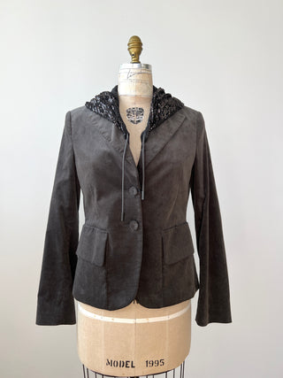 Charcoal Velvet Blazer with Detachable Sequin Hood (6-12)