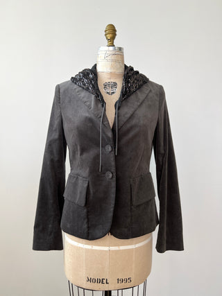 Charcoal Velvet Blazer with Detachable Sequin Hood (6-12)