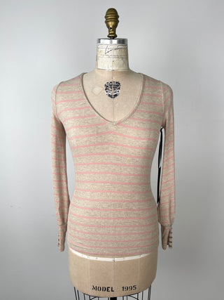 Fitted sweater in mottled beige with pink stripes (XS+S)