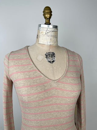 Fitted sweater in mottled beige with pink stripes (XS+S)