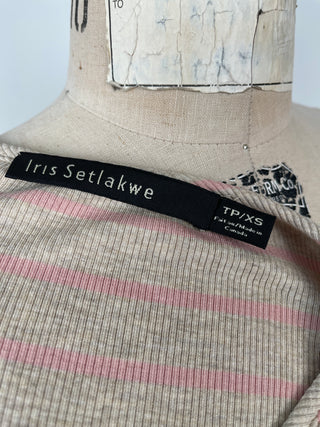 Fitted sweater in mottled beige with pink stripes (XS+S)