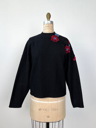 Black terry sweater with floral embroidery (S to XL)