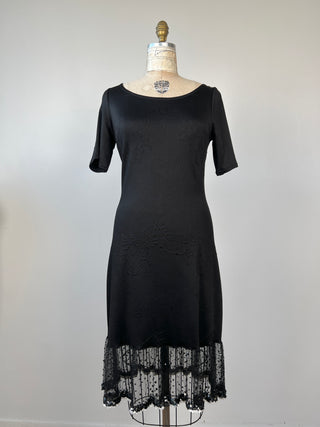 Black dress with leaf texture and sequined flounce (S and M)