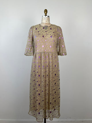 Sparkling champagne/gold dress with purple stars (6)