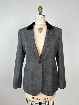 Blazer effet tweed noir et crème à col velours (10)