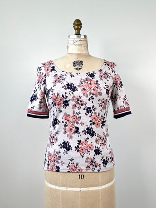 Washable floral jacquard short sleeve sweater (XS/S)