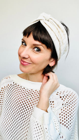 Bandeau turban en lin naturel jacquard crème