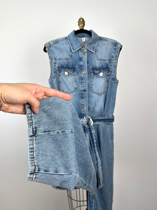 Washed denim jumpsuit with jewel buttons (27 and 31)