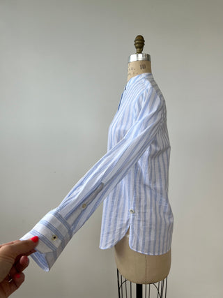 Blue and white striped crew neck blouse (S)