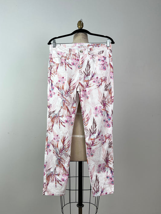 Pantalon floral tropical façon denim (S)