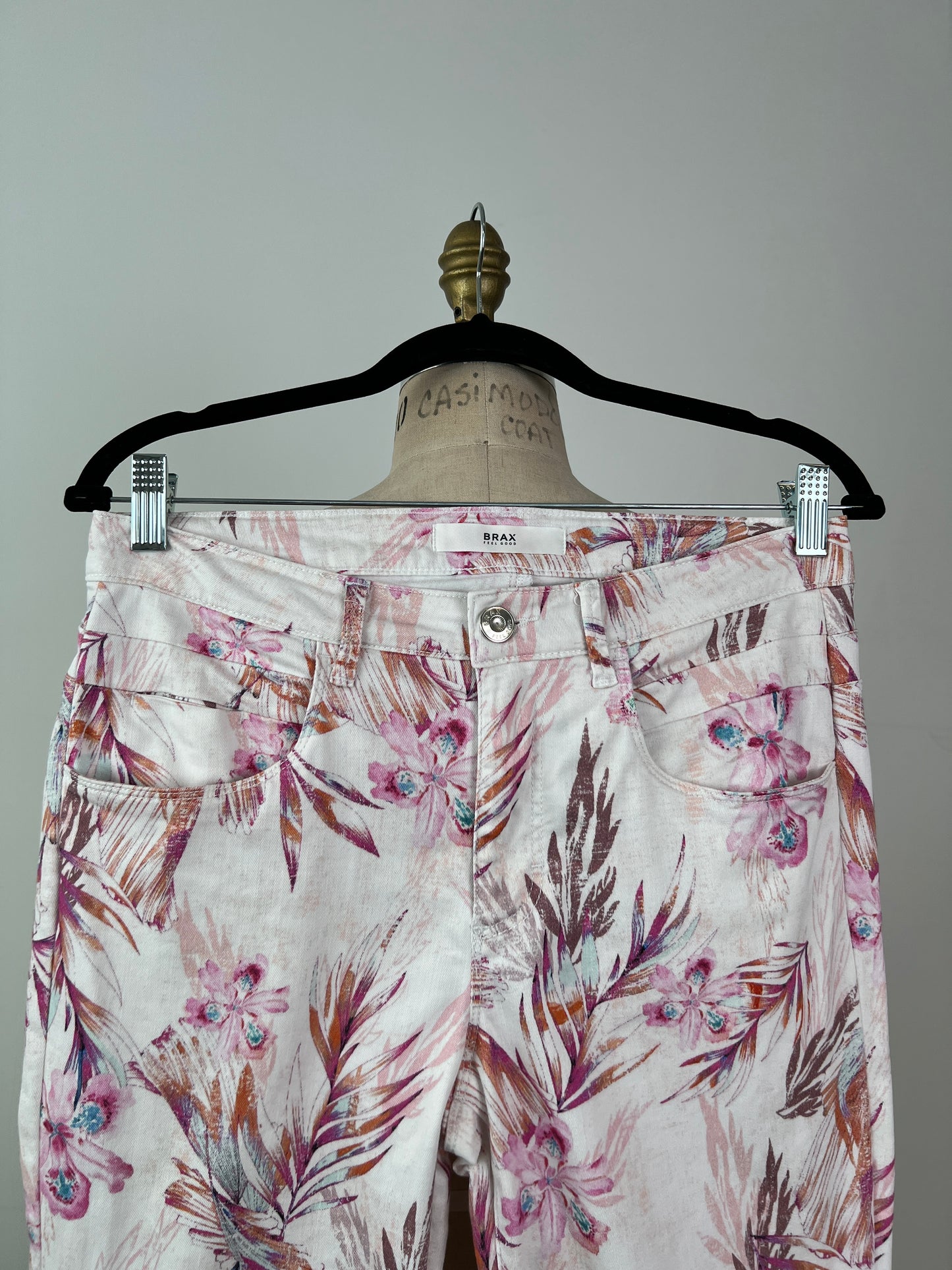 Pantalon floral tropical façon denim (S)