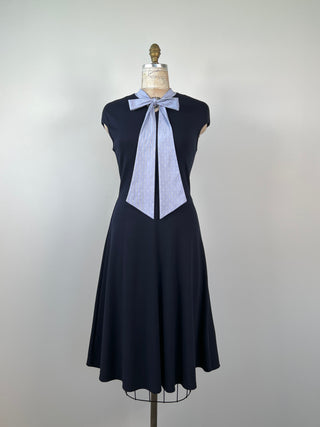 Navy Skater Dress with Contrasting Tie Collar (S/M)