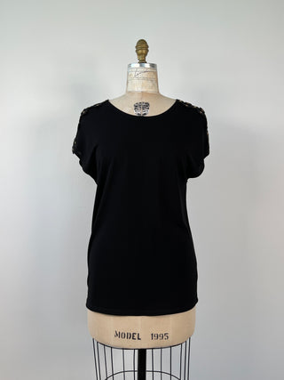 Black top with floral embroidery and eyelets (S)