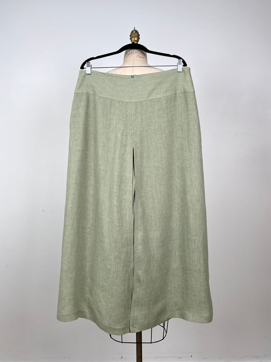Pantalon vert minéral en lin à pans façon jupe (L)