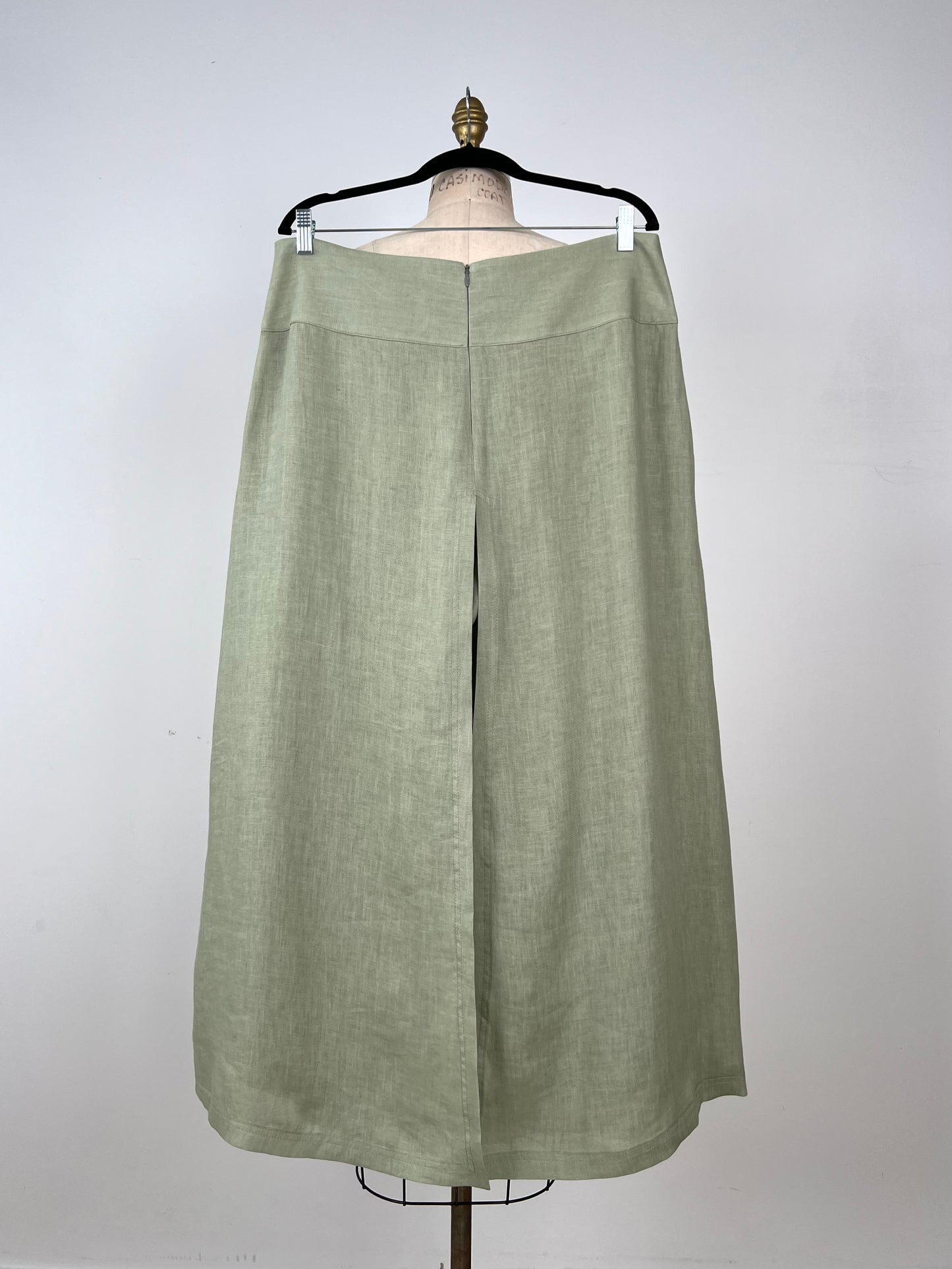 Pantalon vert minéral en lin à pans façon jupe (L)