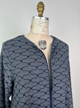 Navy A-line jacket with cream print (S)