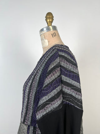 Chandail long en patchwork noir mauve argent (S)