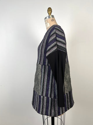 Chandail long en patchwork noir mauve argent (S)