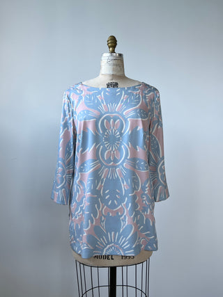 Pink and blue printed silk blouse (12)