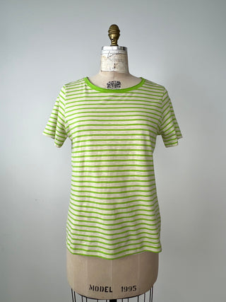 Cream and apple green striped cotton t-shirt (S)