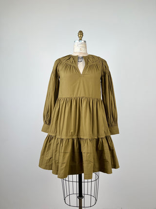 Olive green ruffle dress with balloon sleeves (0)