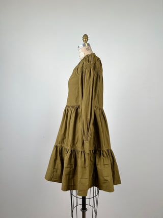 Olive green ruffle dress with balloon sleeves (0)