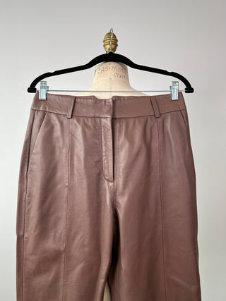 Pantalon à jambe ample en cuir chocolat au lait  (6)