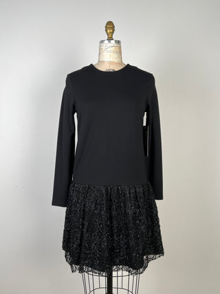 Robe noire à jupe de dentelle métallisée ton sur ton (XS)