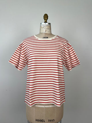 White cotton knit t-shirt with red stripes (XS-M)