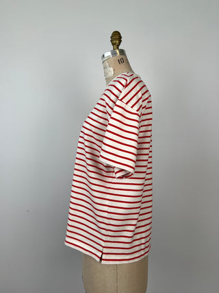 White cotton knit t-shirt with red stripes (XS-M)