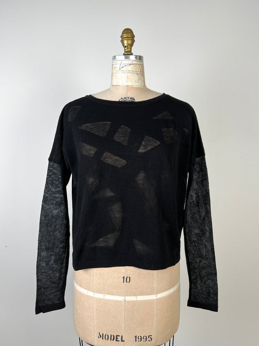Chandail noir ajouré en tricot de coton et lin 4 saisons (XS à L)
