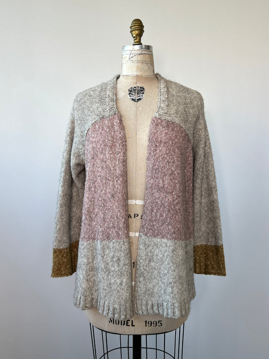 Veste en tricot rose gris et chartreuse (S)