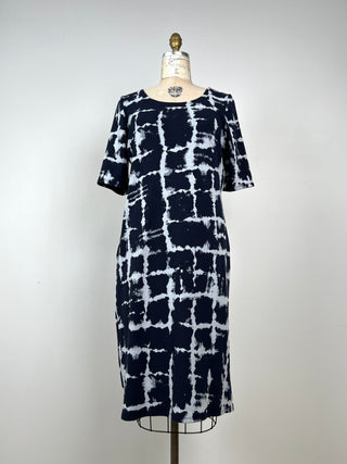 Navy cotton knit dress with mural print (L)