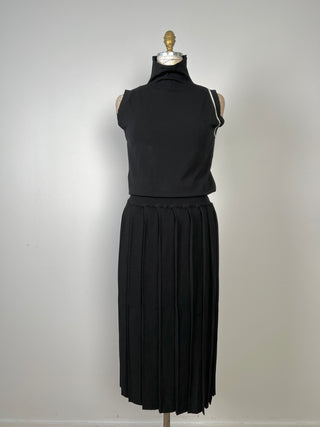 Washable Pleated Blouson Black Knit Dress (XS to M)