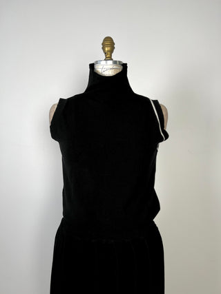 Washable Pleated Blouson Black Knit Dress (XS to M)