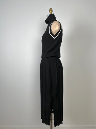 Washable Pleated Blouson Black Knit Dress (XS to M)