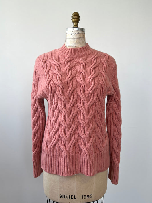 Chandail rose en tricot de laine torsadée (M)
