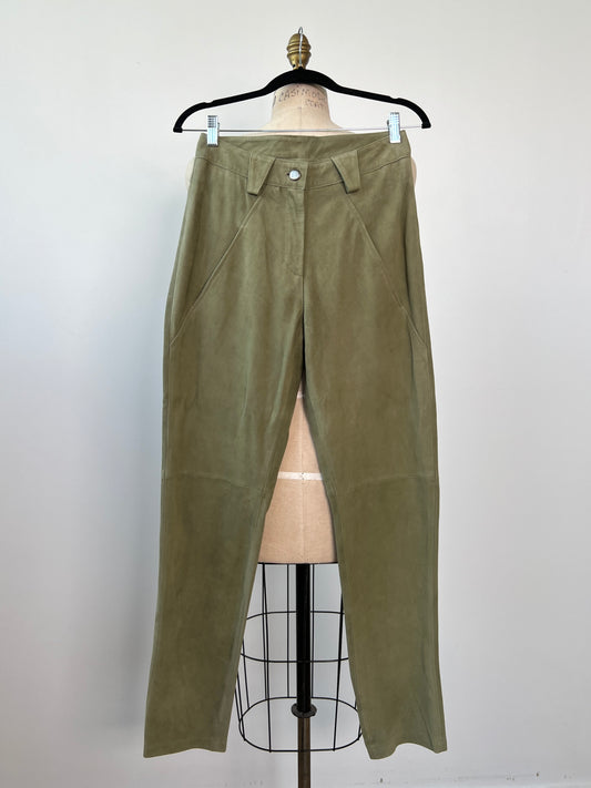 Pantalon vert mousse en cuir de chèvre suédé (S)