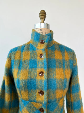 Saffron and turquoise checkered fluffy knit fitted coat (XXS)