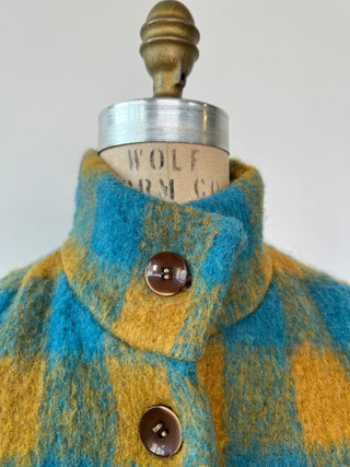 Saffron and turquoise checkered fluffy knit fitted coat (XXS)