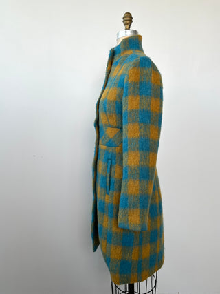 Saffron and turquoise checkered fluffy knit fitted coat (XXS)