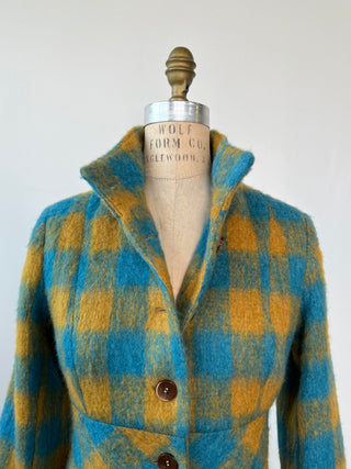 Saffron and turquoise checkered fluffy knit fitted coat (XXS)