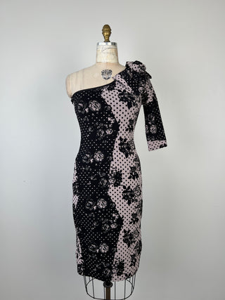 Black Polka Dot Rose Cocktail Dress (M and L)