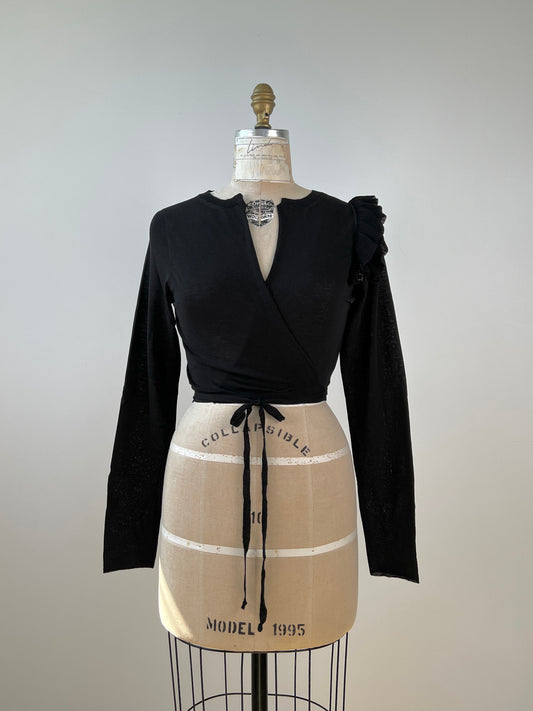 Cardigan cache-coeur noir en fin tricot de coton à frisons (XS/S)