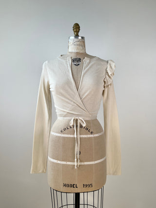 Cream Cotton Wrap Cardigan with Ruffles (XS/S)